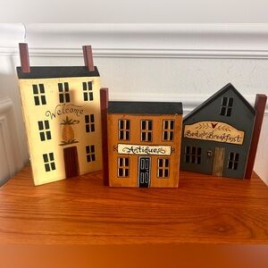 Lot of 3 Bob Huffman Wood Folk Art Village Buildings-2002 Signed